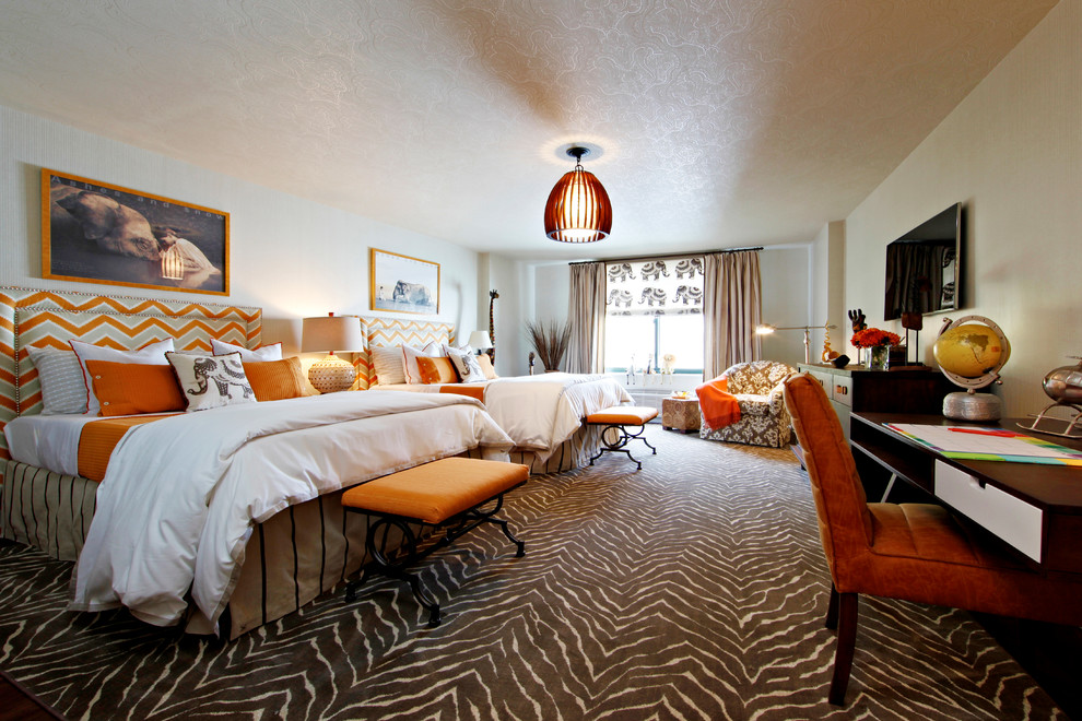 Inspiration for a large eclectic master bedroom in New York with beige walls, carpet and no fireplace.