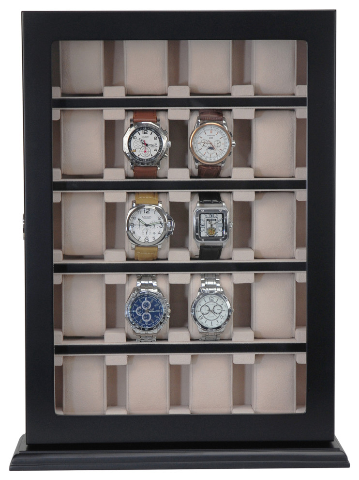 20 Piece Black Ebony Wood Watch Display Wall Hanging Case and Storage