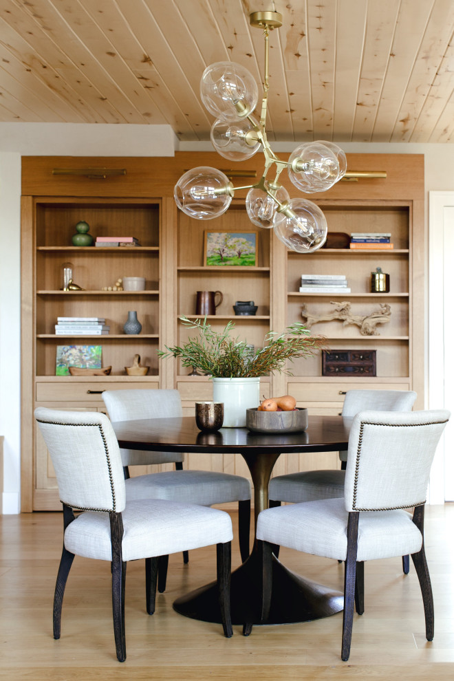 Design ideas for a mid-sized country open plan dining in Denver with light hardwood floors.