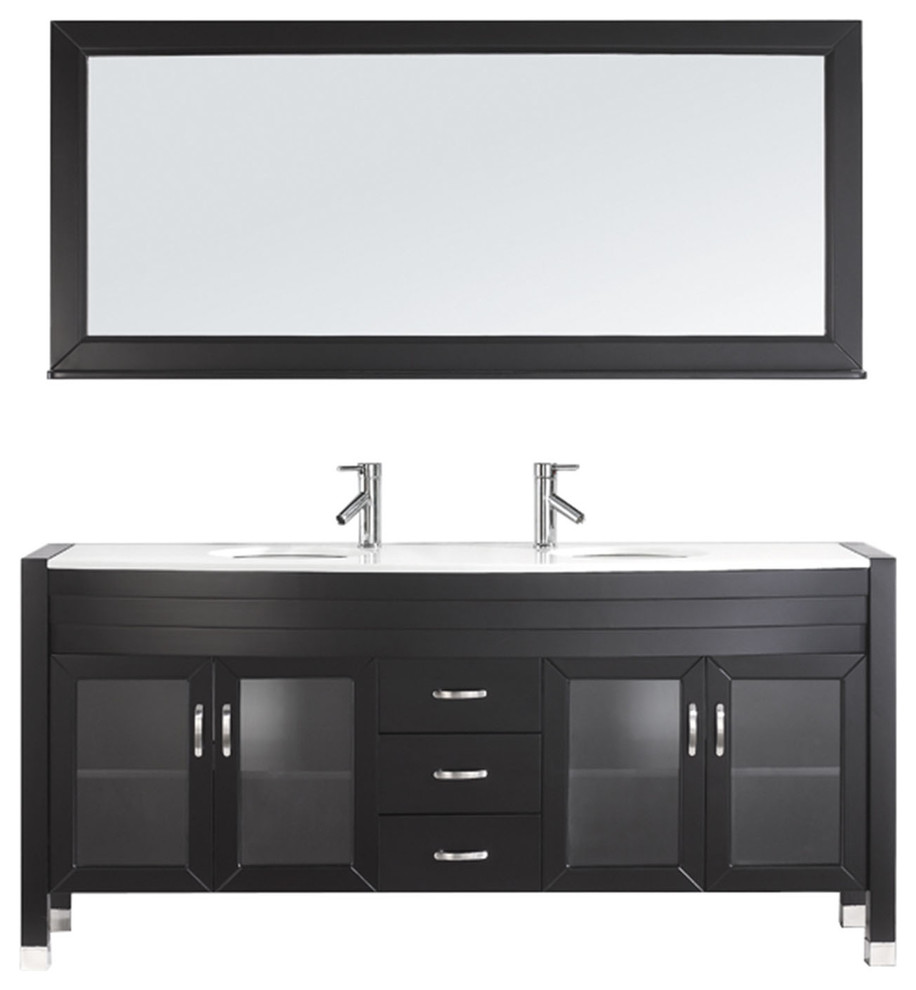 Virtu Ava 71" Double Bathroom Vanity, Espresso, Brushed Nickel Faucet, Mirror