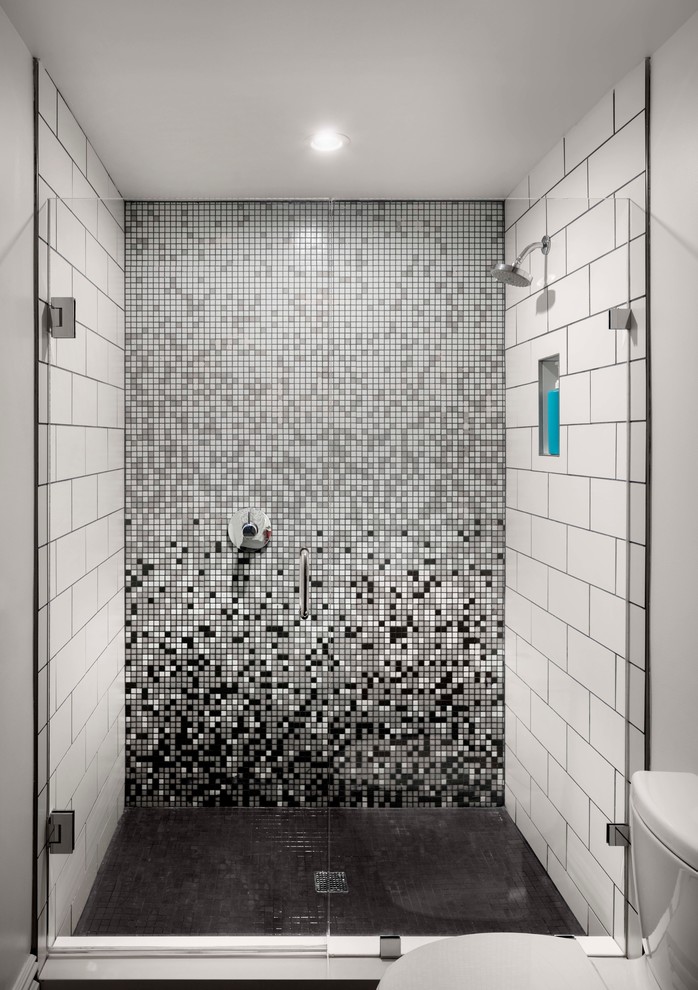Alcove shower - small transitional white tile and subway tile cement tile floor alcove shower idea in Denver with white walls