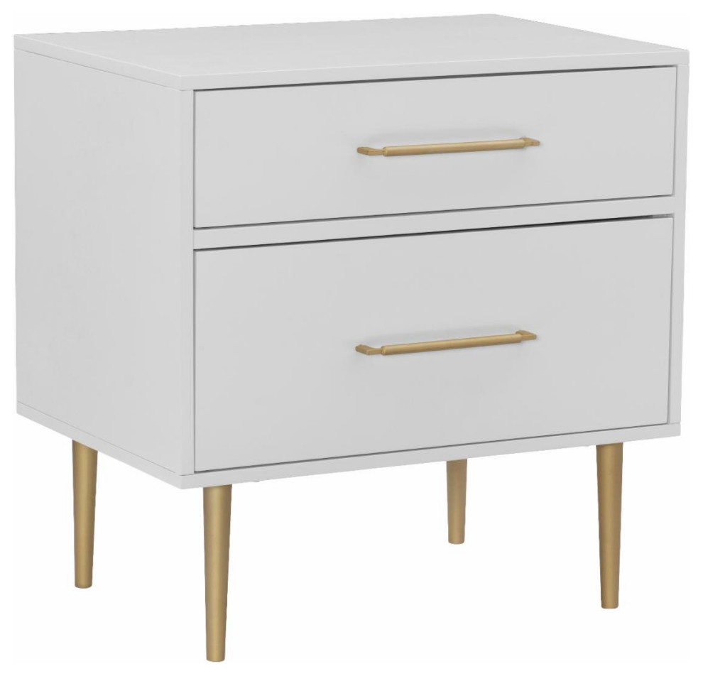 Contemporary Nightstand, Drawers With Golden Pulls & Slender Metal Legs