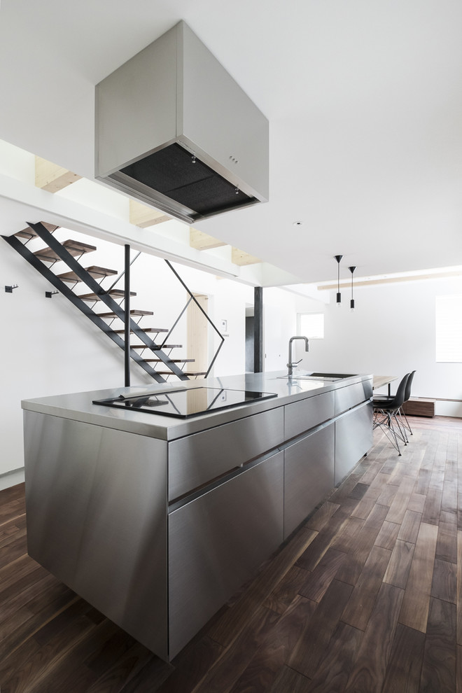 Inspiration for an industrial kitchen in Sapporo with flat-panel cabinets, stainless steel cabinets, stainless steel benchtops, dark hardwood floors, with island and brown floor.