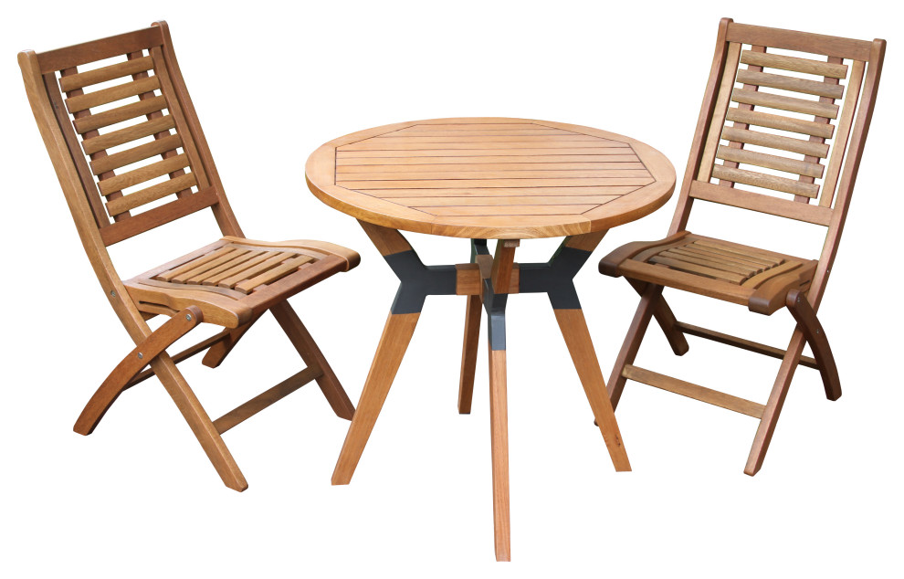 3Piece Eucalyptus Bistro Set With Folding Chairs Transitional Outdoor Pub And Bistro Sets