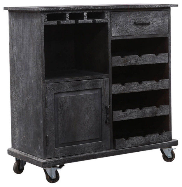 Knutsford Rustic Black Bar Cart with Wine Rack and Caster Wheels