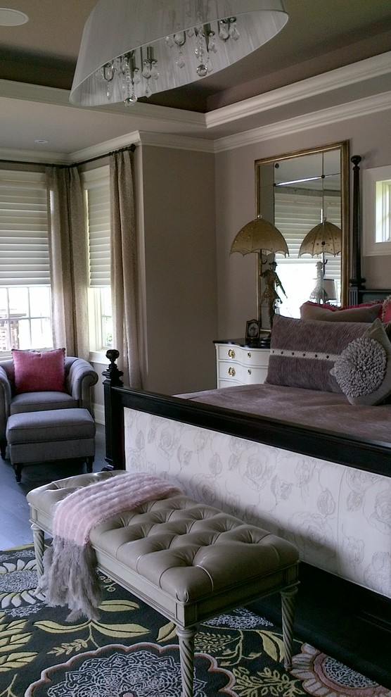 Large transitional master dark wood floor home design photo in Toronto with beige walls