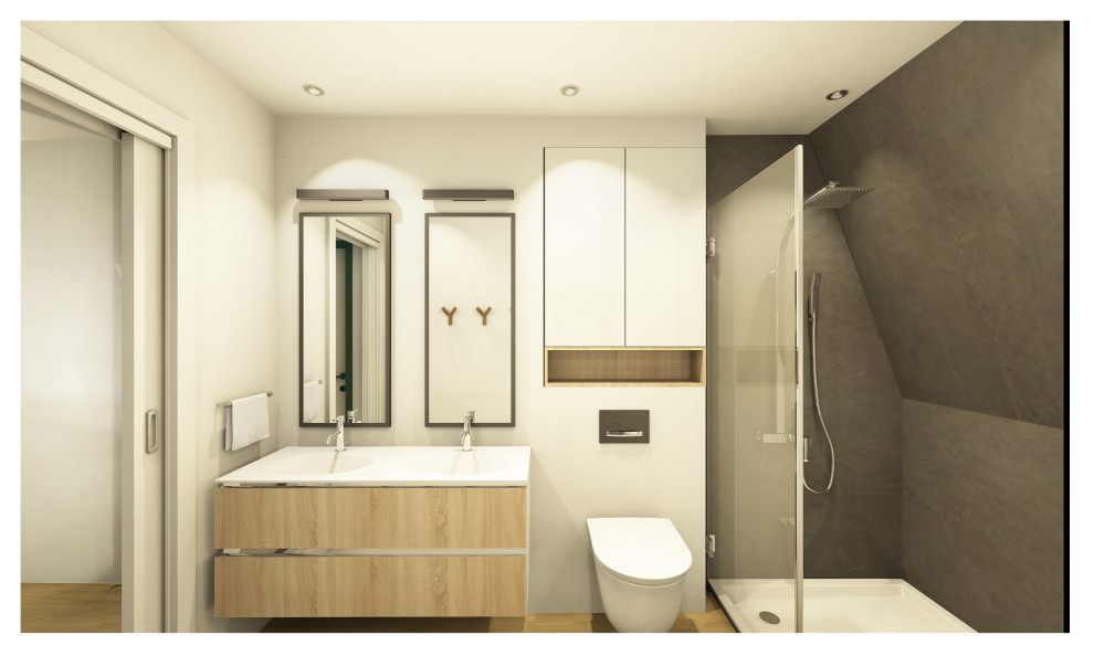 Cette photo montre une salle de bain moderne de taille moyenne avec un placard à porte affleurante, une douche à l'italienne, un mur beige, un plan de toilette en surface solide, meuble double vasque et meuble-lavabo suspendu.