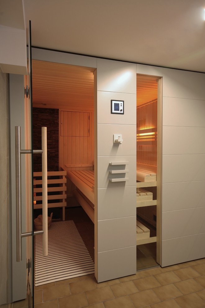Contemporary bathroom with with a sauna.