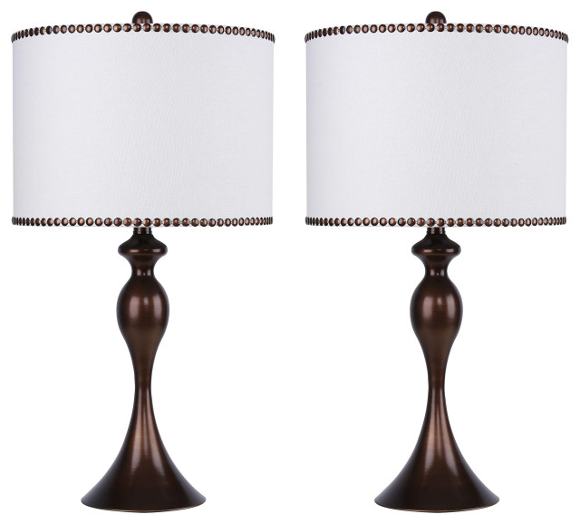 27 Dark Bronze Table Lamp Set With Off White Linen Drum Shades Table Lamp Set With Off White Linen