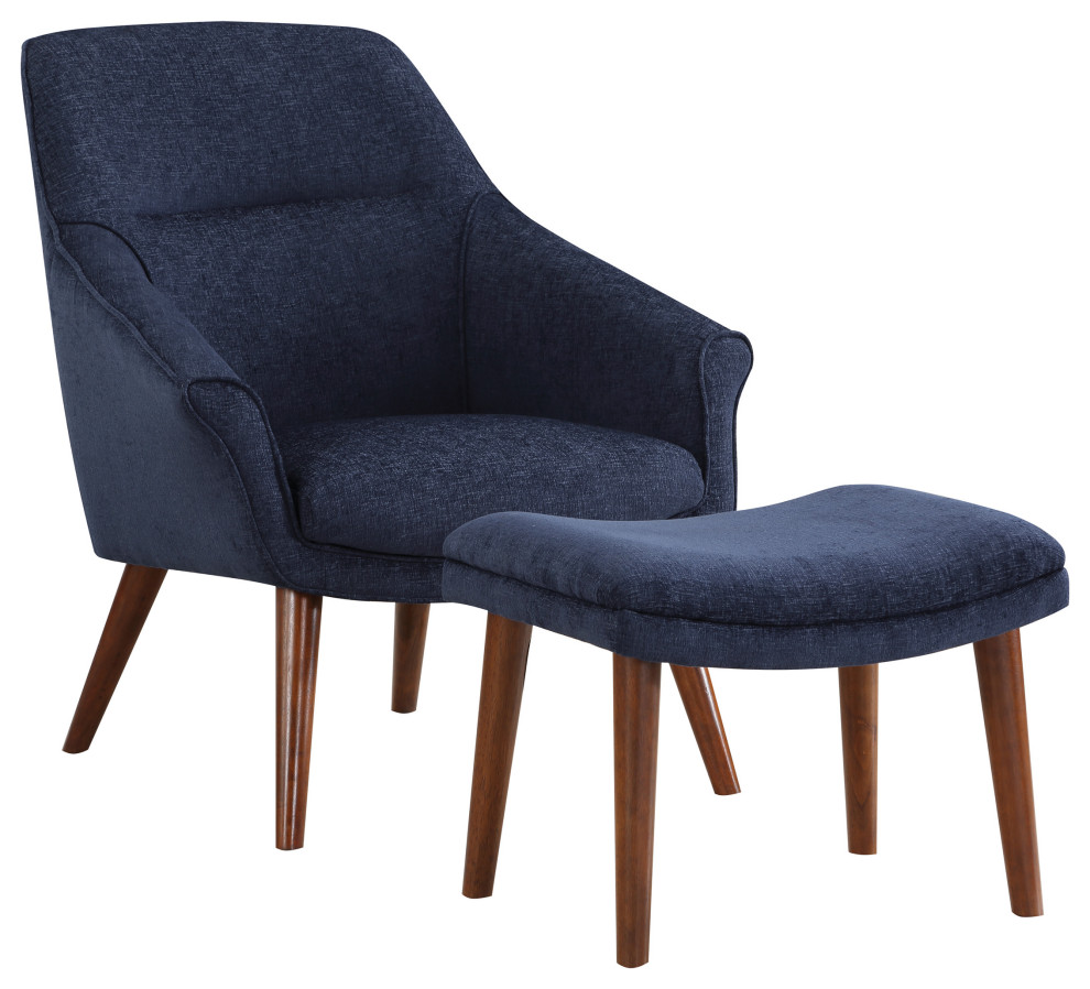 Waneta Chair and Ottoman, Midnight Blue Fabric With Medium Espresso Legs