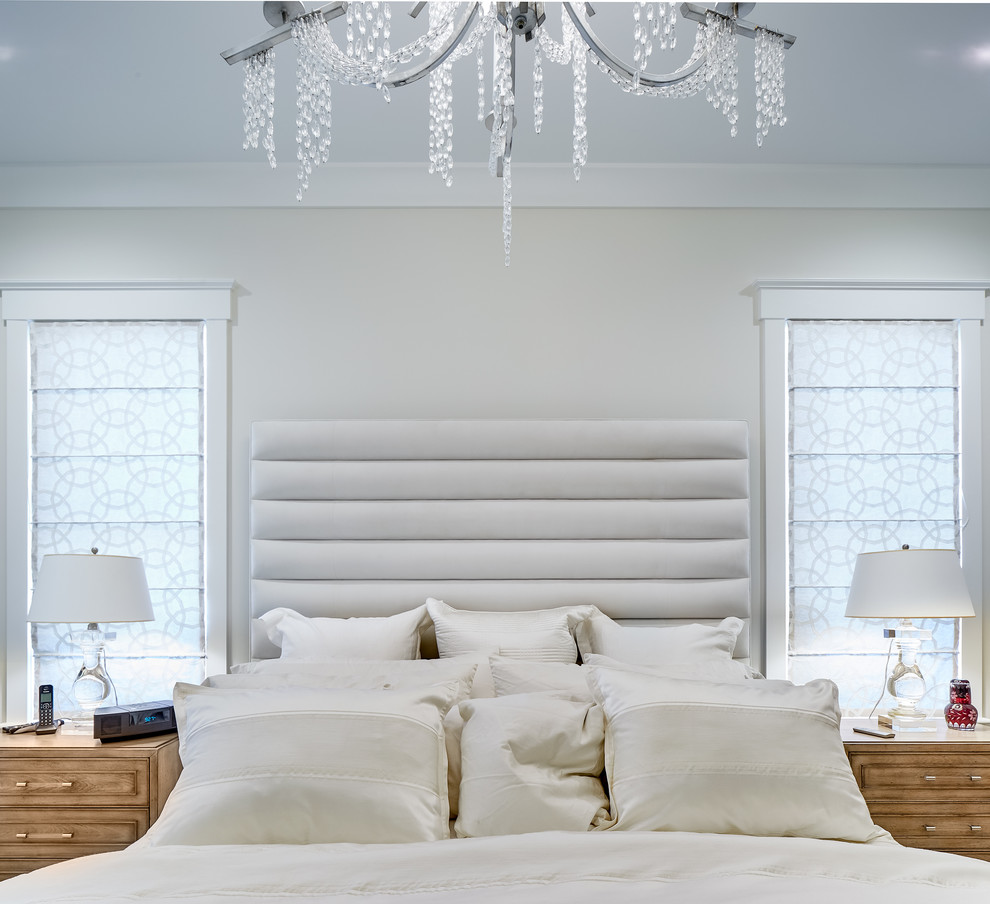 Inspiration for a large modern master bedroom in Charleston with white walls.
