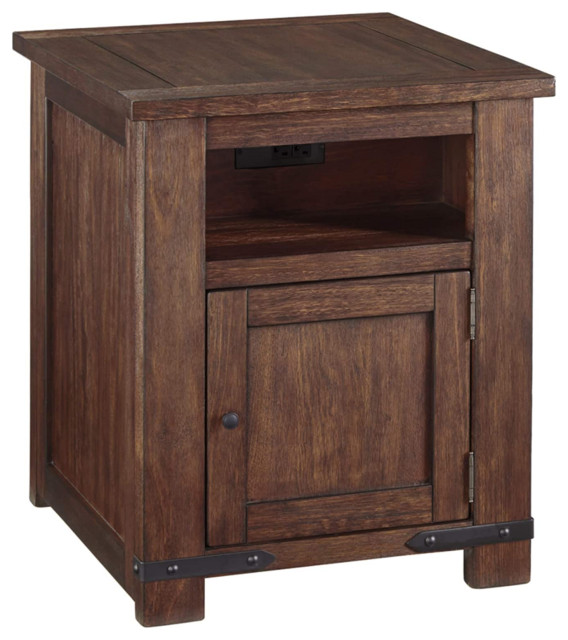 Farmhouse End Table, Storage and Open Shelf With USB Ports