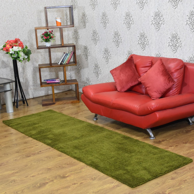 Hand Knotted Loom Silk Mix Area Rug Solid Green, [Runner] 2'8''x10