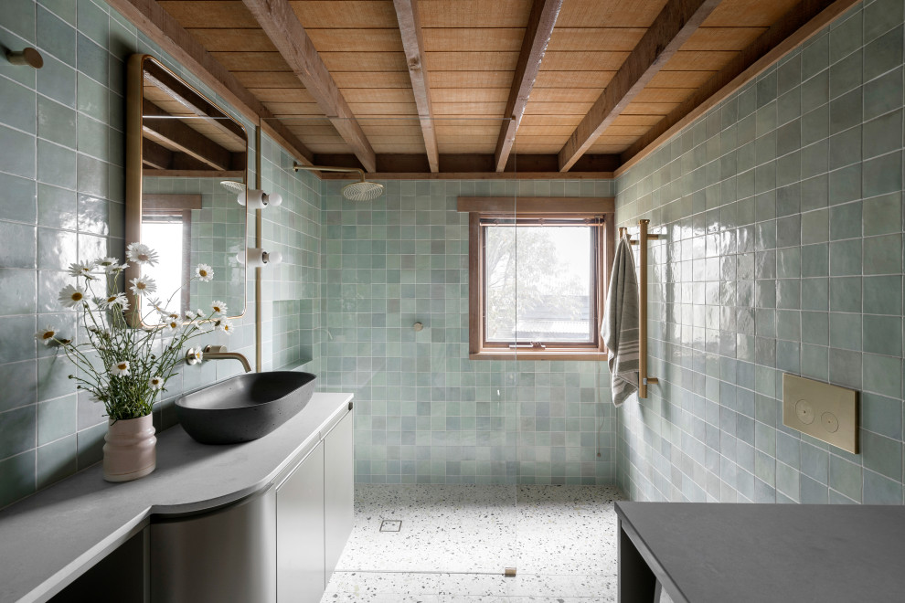 Inspiration for a small country master bathroom in Other with green cabinets, an open shower, green tile, porcelain tile, engineered quartz benchtops, an open shower, grey benchtops, a single vanity, a floating vanity and exposed beam.