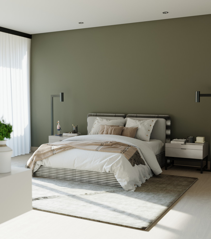 Photo of a small contemporary master bedroom in Other with green walls, light hardwood floors, no fireplace, beige floor and brick walls.