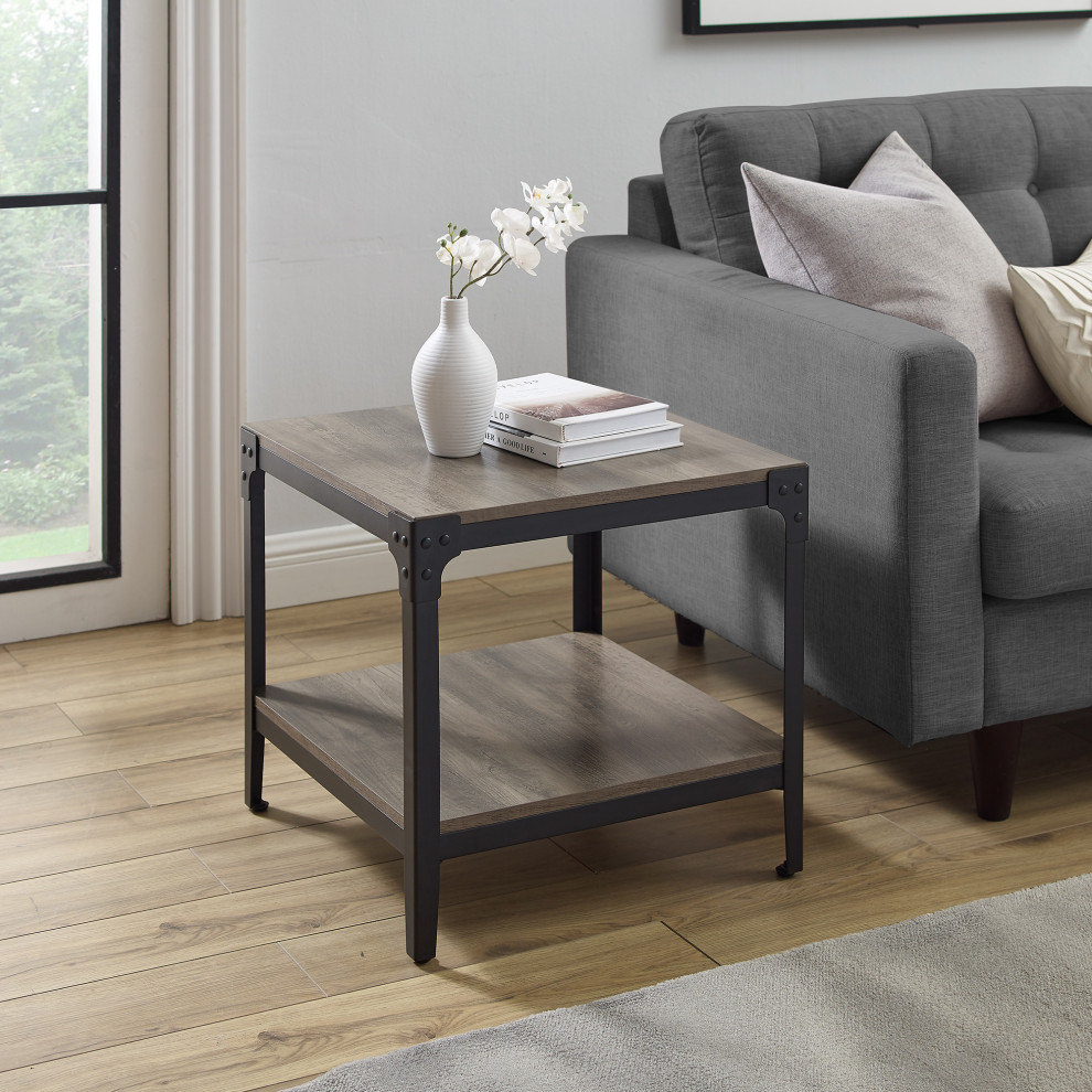 Set of 2 Angle Iron Rustic Wood and Metal End Tables Industrial