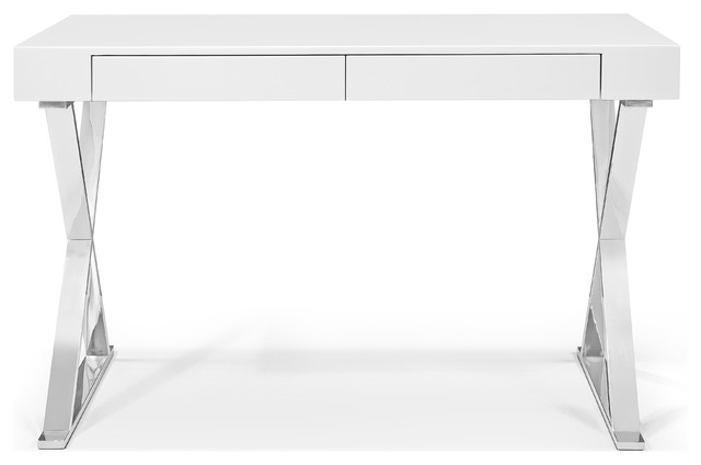 Desk Large High Gloss White Two Drawers Stainless Steel Base