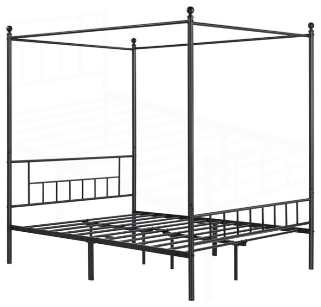 Classic Canopy Bed, Black Finished Metal Frame & Top Ball Finials Details, Queen