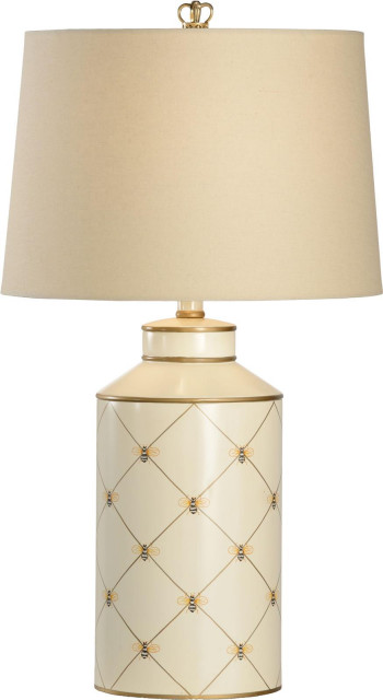 Table Lamp QUEEN BEE 1-Light Gold Accents Light Wheat White Linen