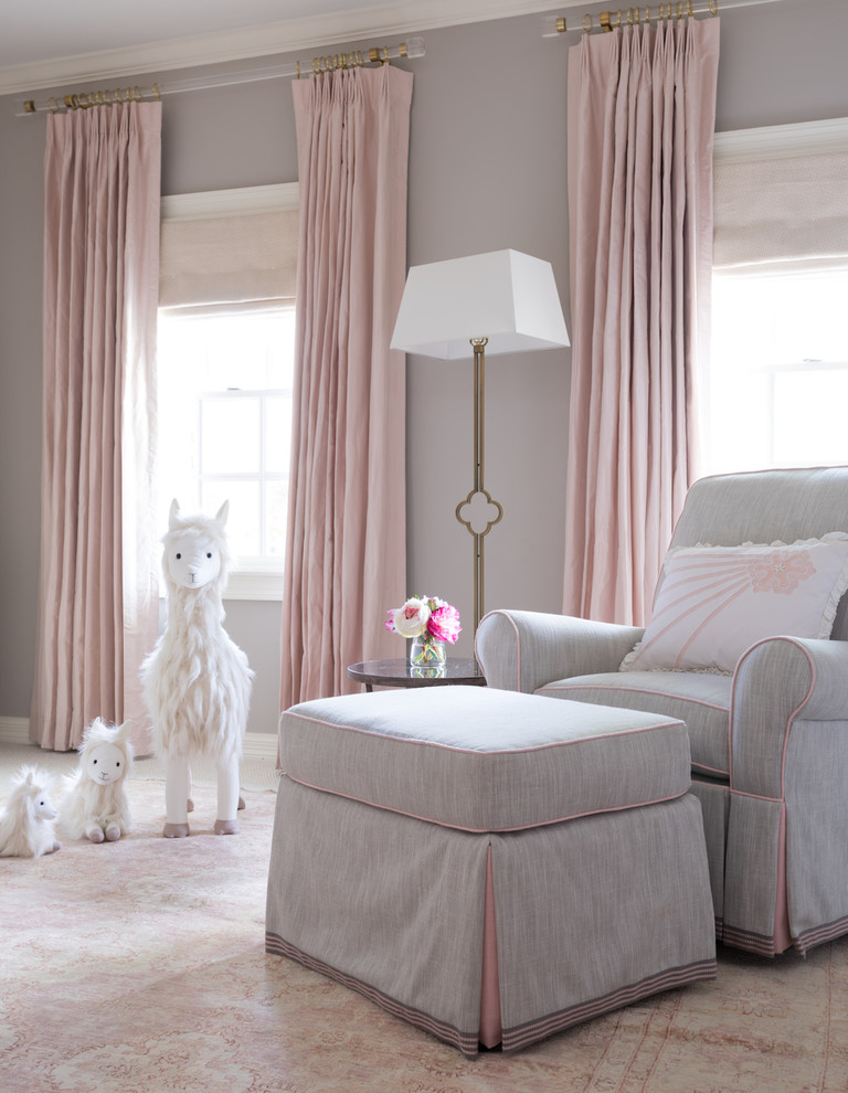 Inspiration for a large transitional girl carpeted and beige floor nursery remodel in Dallas with gray walls