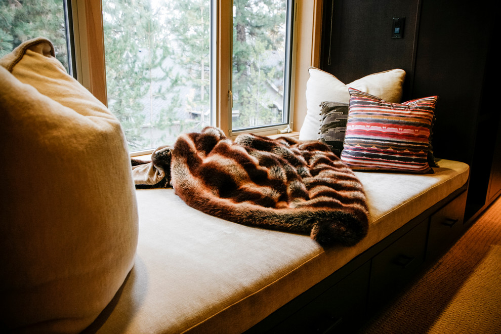 Bedroom - large transitional master carpeted bedroom idea with purple walls and no fireplace