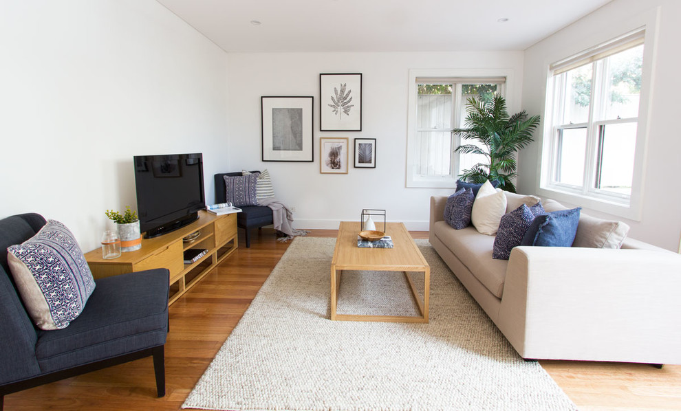 Design ideas for a small contemporary open concept living room in Sydney with white walls, medium hardwood floors, no fireplace and a freestanding tv.