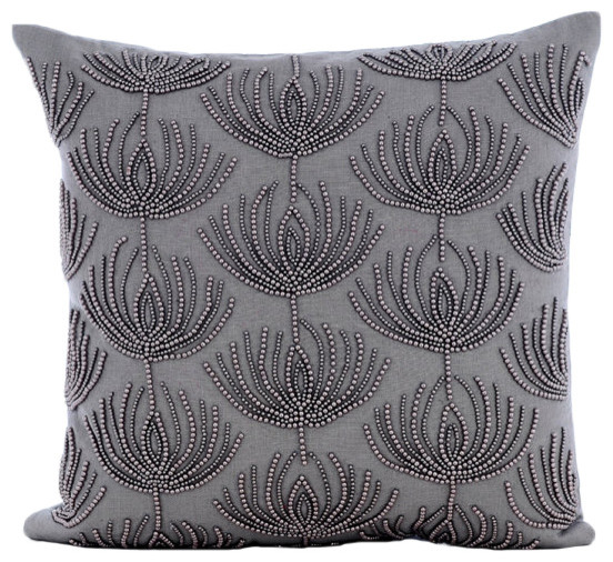 Beaded Lotus Pattern 16x16 Cotton Linen Gray Throw Pillows Cover, Pearl