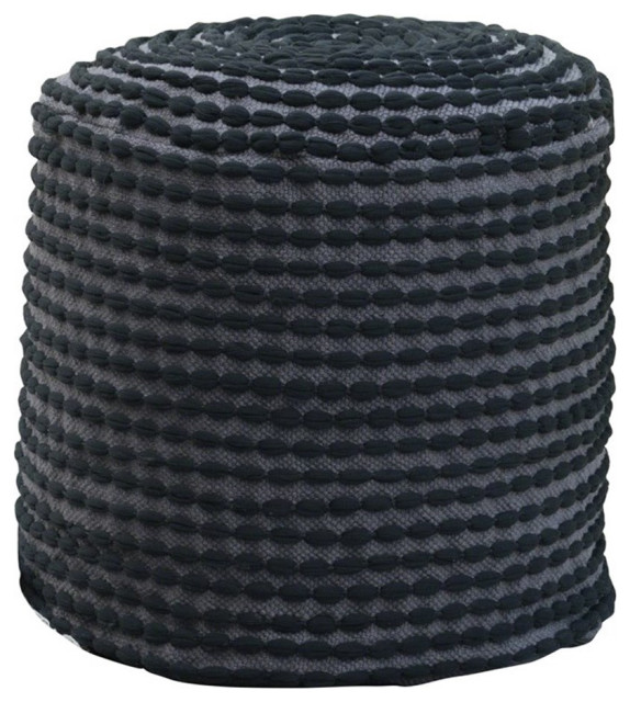 Noble House Conney Outdoor Handcrafted Fabric Cylinder Pouf Ottoman in Black