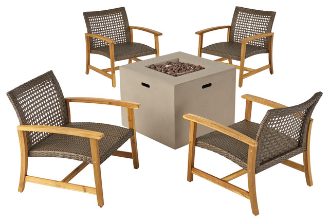 Debra Outdoor 5 Piece Wood And Wicker Chairs And Fire Pit Set