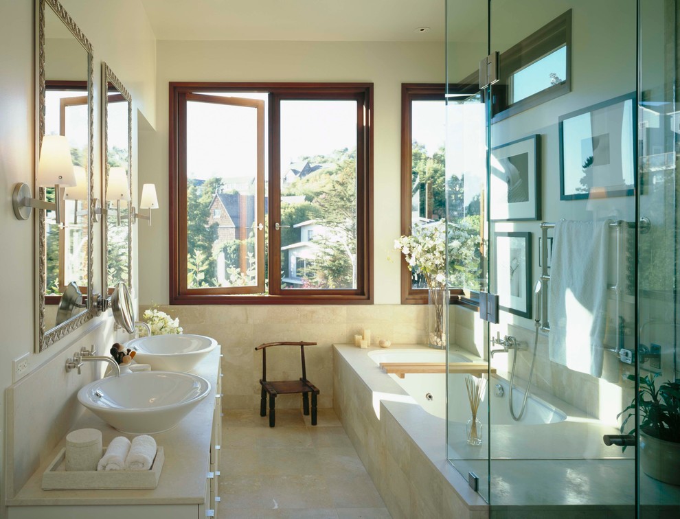 Design ideas for a modern bathroom in San Francisco with a vessel sink and white cabinets.
