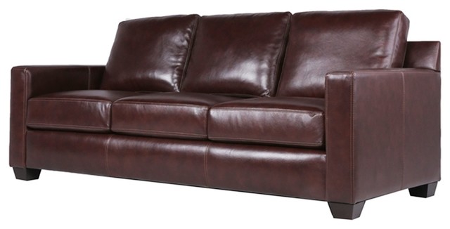 Maklaine Brown Leather Topstitched Sofa with Track Arm