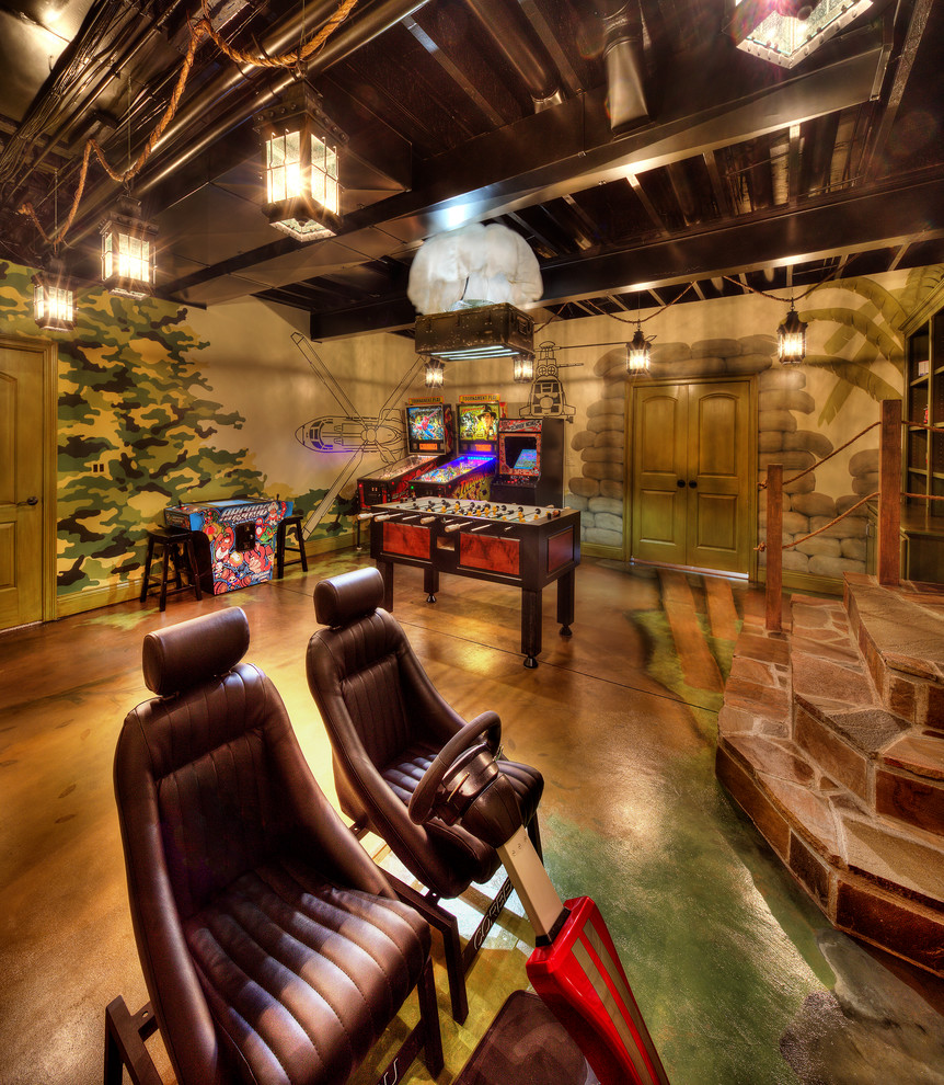 Example of a large walk-out concrete floor basement design in Kansas City with green walls