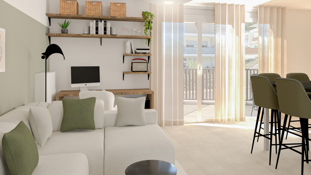Esempio di un soggiorno minimalista aperto e di medie dimensioni con pavimento beige, libreria, pareti verdi, pavimento con piastrelle in ceramica, nessun camino e TV a parete