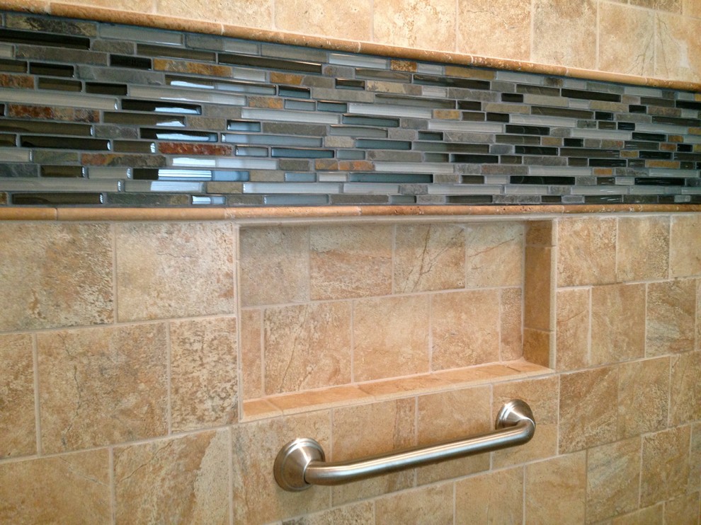 Mid-sized transitional master beige tile and porcelain tile porcelain tile alcove shower photo with raised-panel cabinets, white cabinets, a two-piece toilet and blue walls