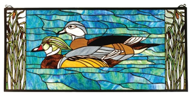Meday Lighting 77712 35"W X 16"H Wood Ducks Stained Glass Window