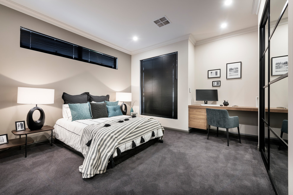 Photo of a contemporary bedroom in Perth with beige walls, carpet and grey floor.