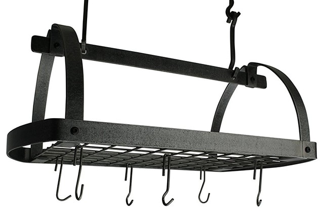 Oval Ceiling Pot Rack With 12 Hooks Hammered Steel Transitional