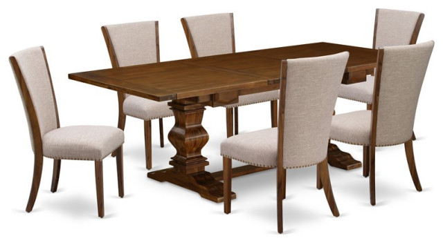 East West Furniture Lassale 7-piece Wood Dining Set with Fabric Seat in Walnut