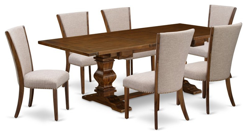 East West Furniture Lassale 7-piece Wood Dining Set with Fabric Seat in Walnut