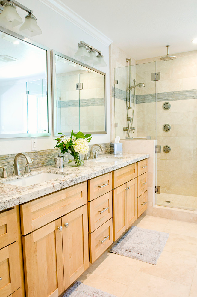 Design ideas for a transitional bathroom in Other with granite benchtops.