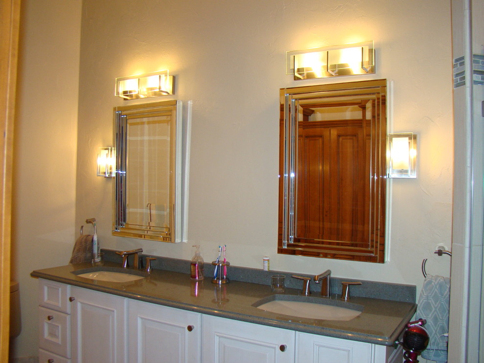 Example of a mid-sized transitional master ceramic tile ceramic tile home design design with beige walls