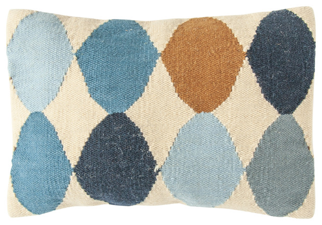 Off-White Wool Blend Lumbar Pillow With Blue and Brown Pattern