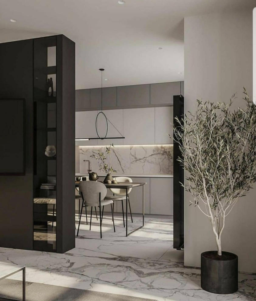 Design ideas for a mid-sized scandinavian single-wall eat-in kitchen with a drop-in sink, white cabinets, laminate benchtops, white splashback, marble splashback, black appliances, marble floors, no island, white floor, white benchtop and recessed.