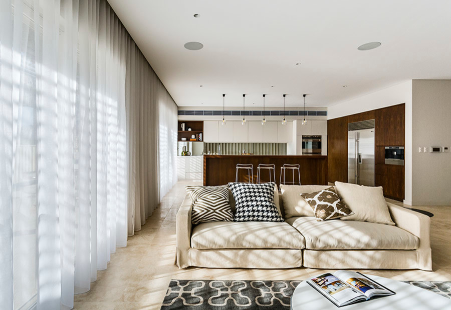 Inspiration for a mid-sized contemporary open concept living room in Sydney with white walls and ceramic floors.