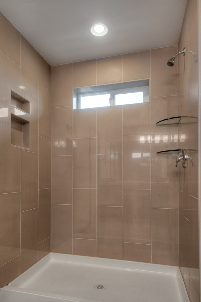 Mid-sized transitional master multicolored tile and glass tile ceramic tile and white floor alcove shower photo in Seattle with shaker cabinets, dark wood cabinets, a one-piece toilet, white walls, an undermount sink and marble countertops