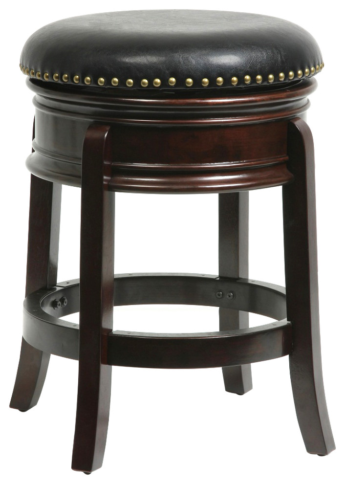 Benzara BM274361 24" Swivel Counter Stool, Solid Wood, Faux Leather, Brown/Black