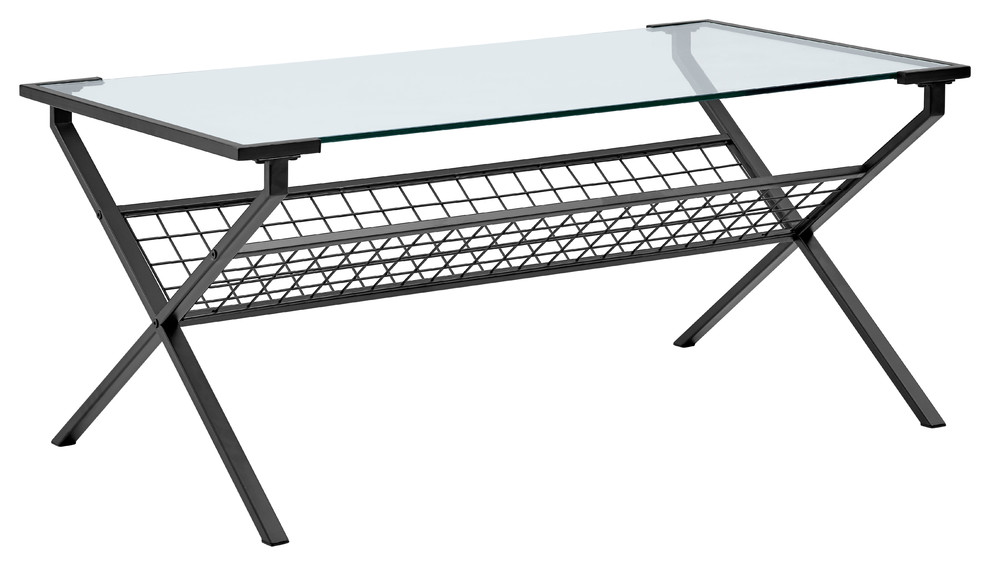 42" Modern Metal & Glass Coffee Table With Magazine Holder, Black