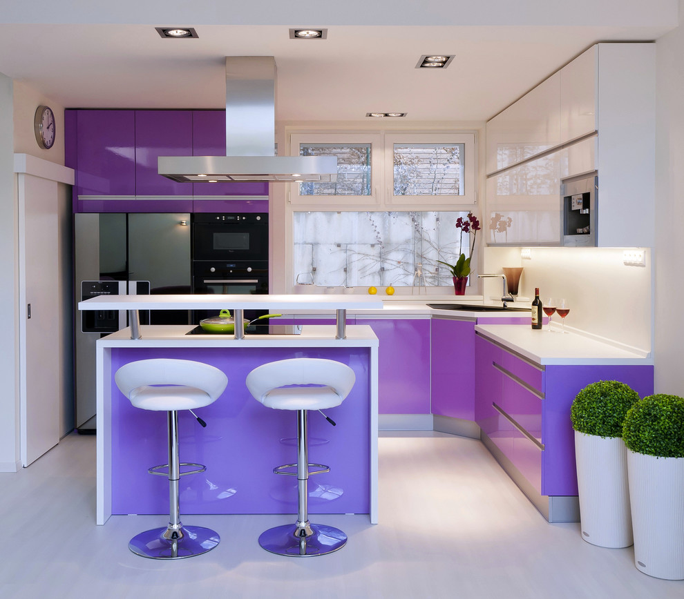 Inspiration for a modern kitchen in Other with flat-panel cabinets and stainless steel appliances.
