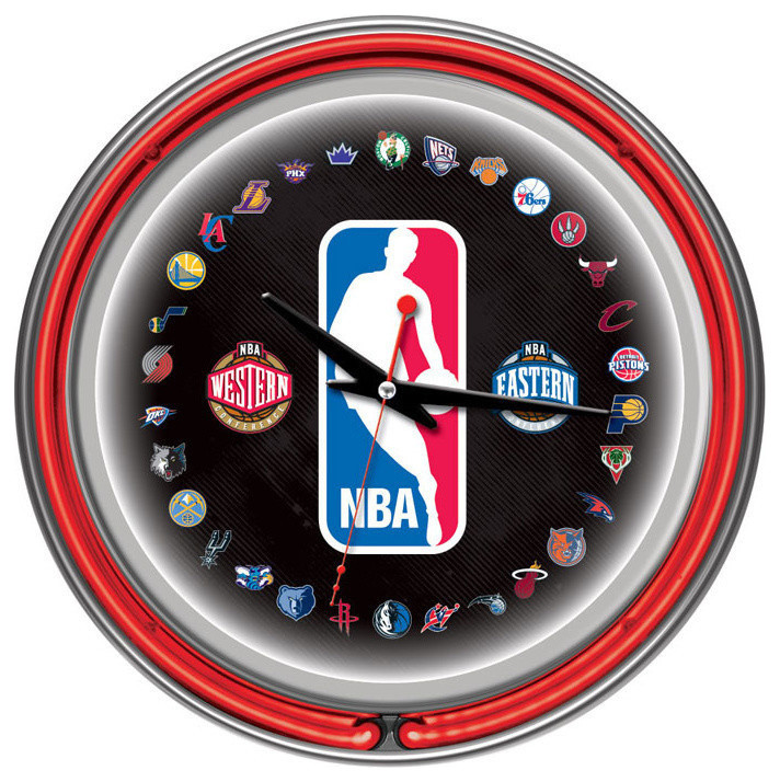 NBA Logo 30 Team Chrome Double Ring Neon Clock