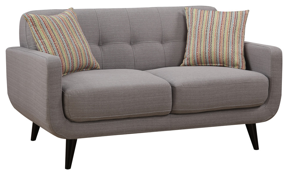 Crystal Upholstered Mid-Century Tufted Loveseat With 2 Accent Pillows, Gray